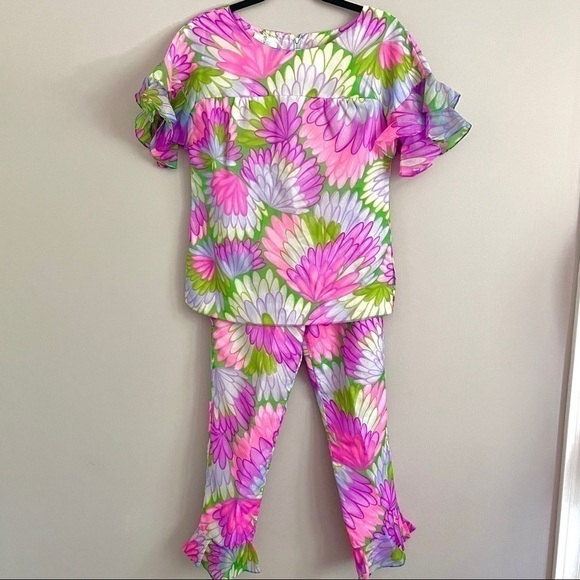 Vintage 60s Pink Purple Floral Hippie Short Sleeve Ruffled Pant Suit - XS/24" - Picture 15 of 16
